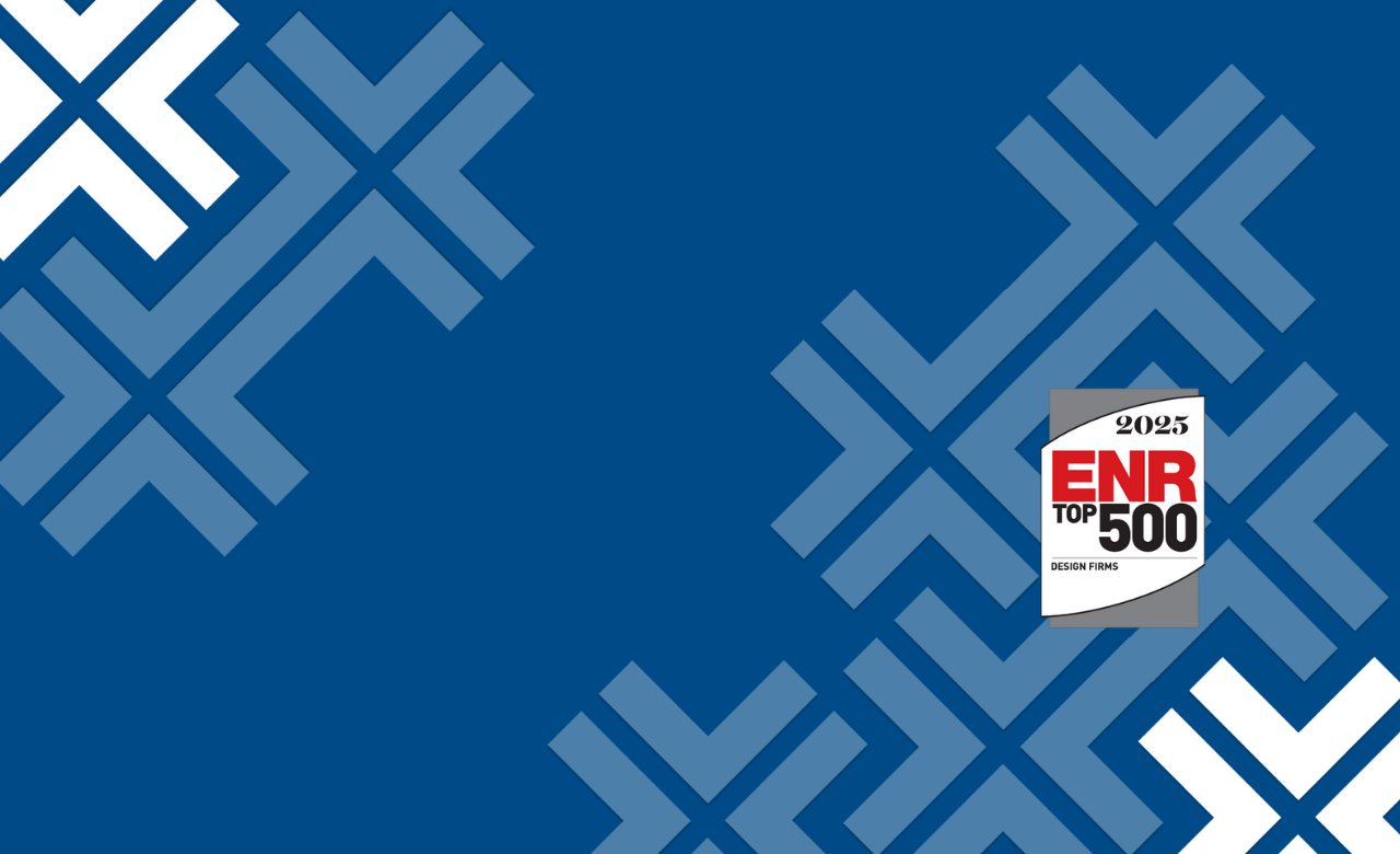 Graphic displaying the 2025 ENR Top 500 Design Firms logo, signifying a ranking of #64 on this prestigious list recognizing leading design firms based on revenue.